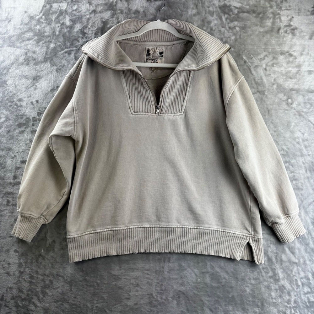 C&C California Quarter Zip Sweatshirt Womens Large Beige Sunwashed Ribbed (1887)